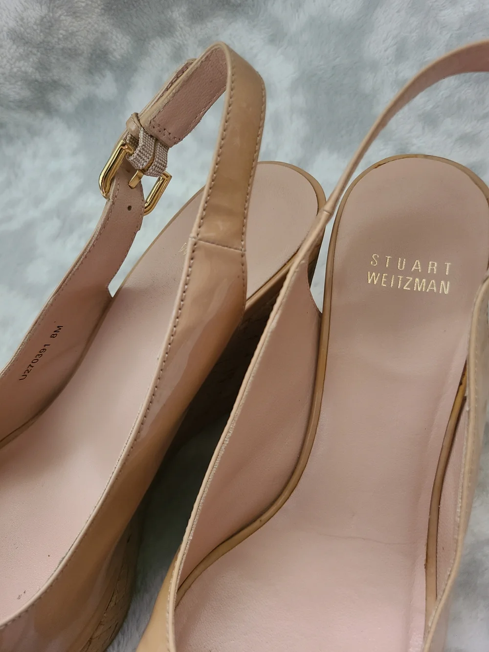 Stuart Weitzman Nude Patent Peep-Toe Cork Wedge Slingback Heels Size 8 - Picture 10 of 12